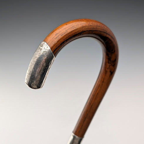 1921年 英国アンティーク 茶軸 曲がりハンドル 純銀装飾 ステッキ 杖 92cm J Howell&Co